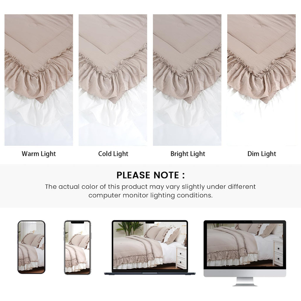 Taupe and White Two-Tone Ruffle Comforter Set, 3 Pieces Shabby Chic Farmhouse Bedding, Soft Microfiber Comforter