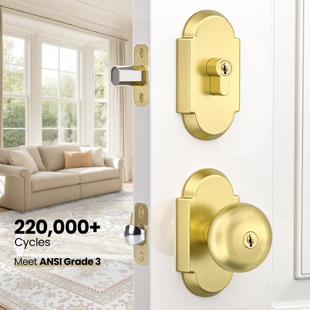 Satin Gold Door Knob with Deadbolt, Keyed Alike Exterior Door Lock Set