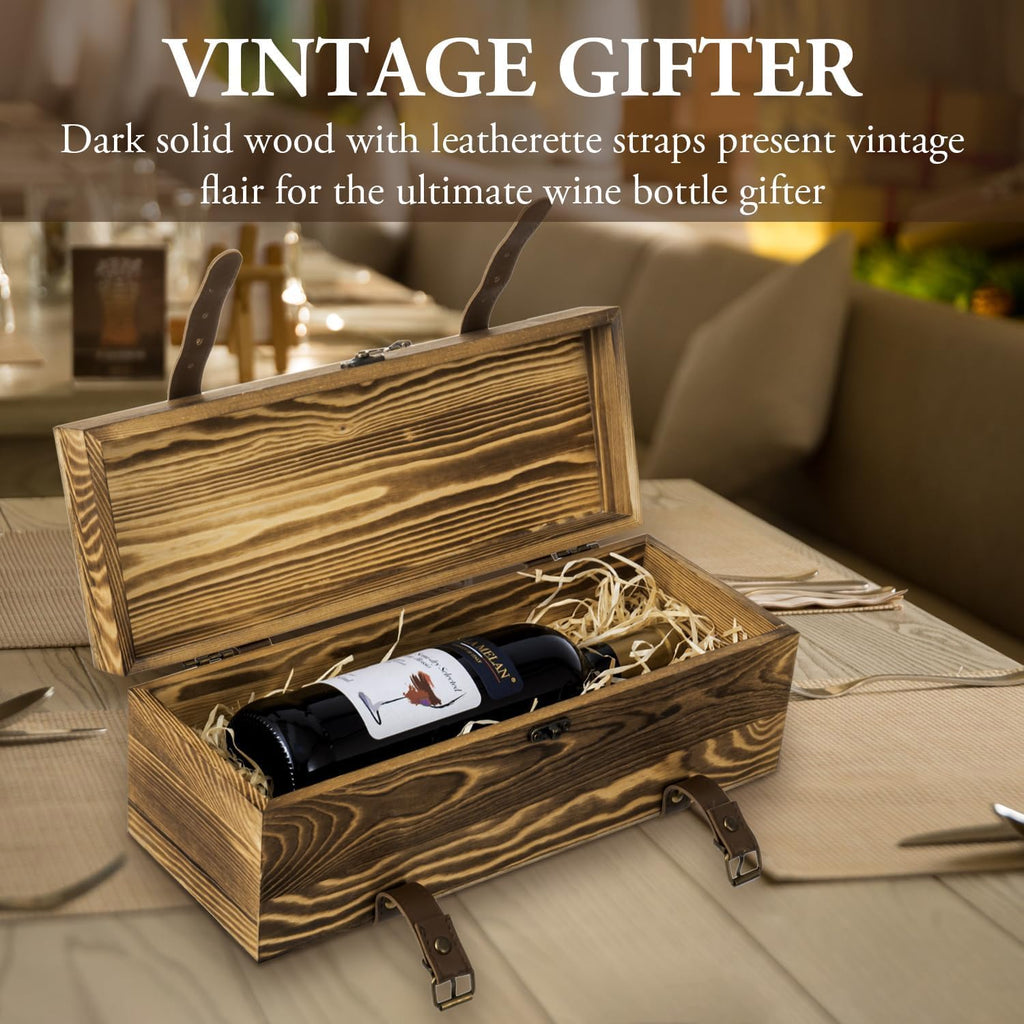 Rustic Brown Wood Wine Gift Box, Whiskey Bottle Case, 14 x 5 inch