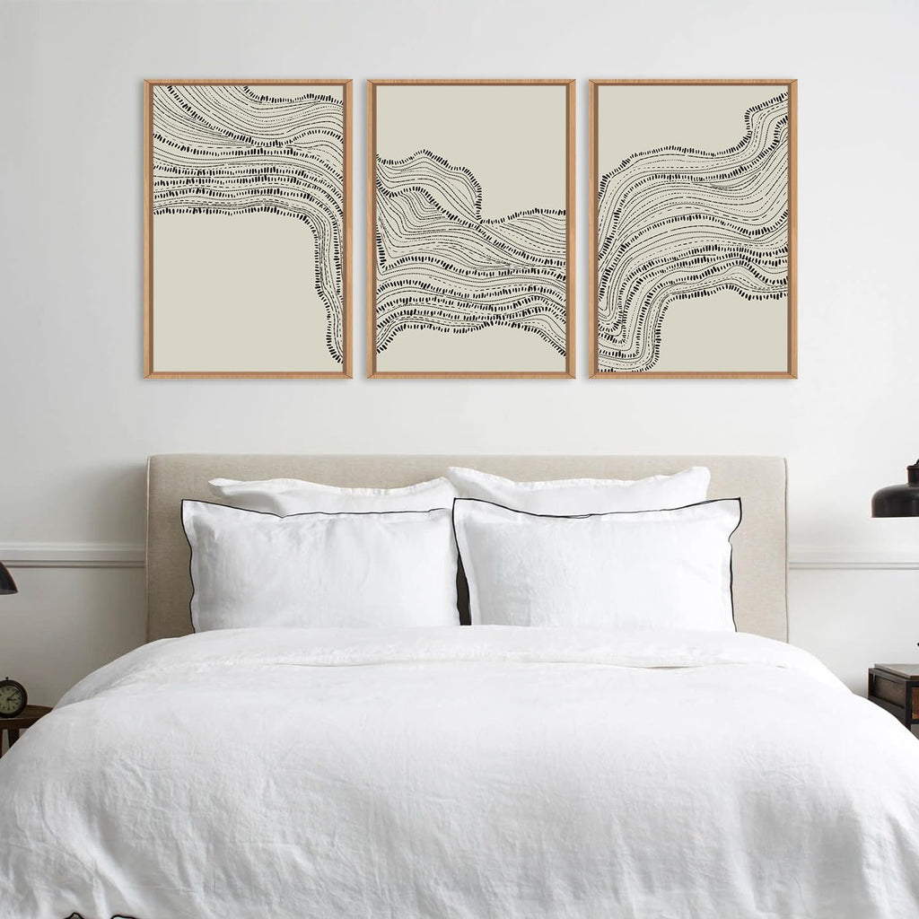 Neutral Abstract Framed Canvas Wall Art Set, Black Beige Wave Line Wall Decor, Large Minimalist Painting, Modern