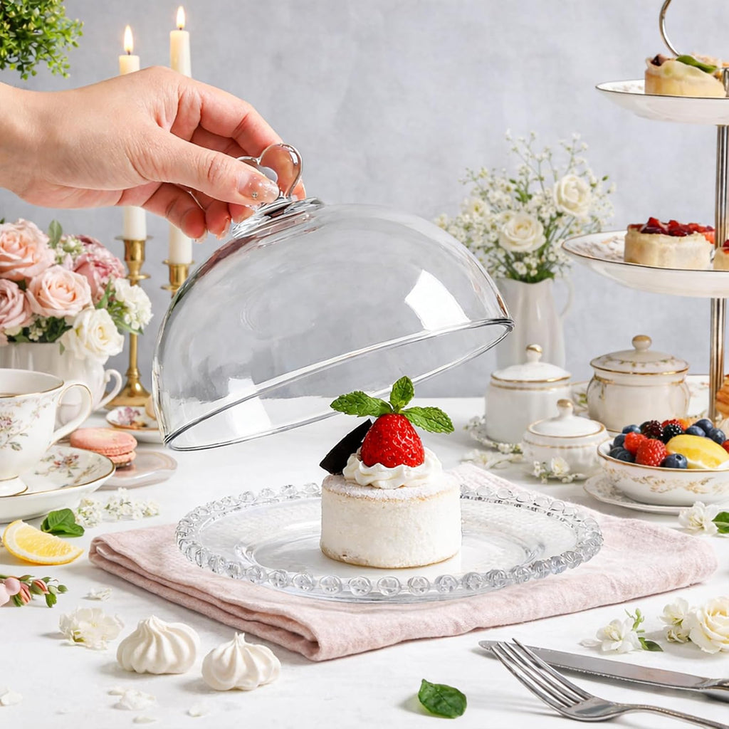 7" Clear Glass Cake Plate with Lid, Mini Crystal Cake Stand with Cloche Dome Cover, Dessert Cheese Serving Platter