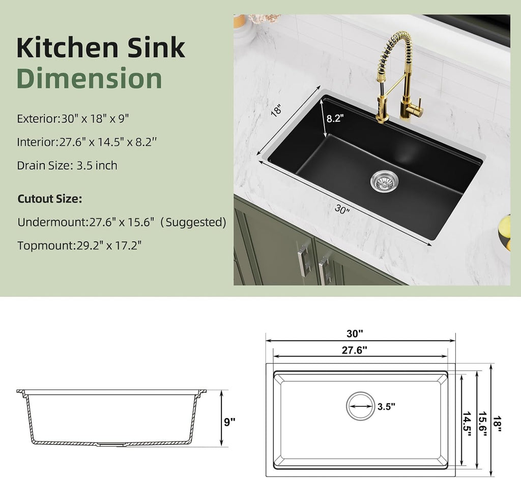 30 Inch Black Granite Sink Workstation, 30 x 18 Black Undermount/Drop Sink, Deep Quartz Composite Single Bowl with
