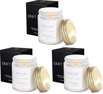 Premium White Sage Scented Candle - Long Lasting, 45 Hour Burn Time - Luxury Natural Soy Scented Candle - Room Decor - Set of 3