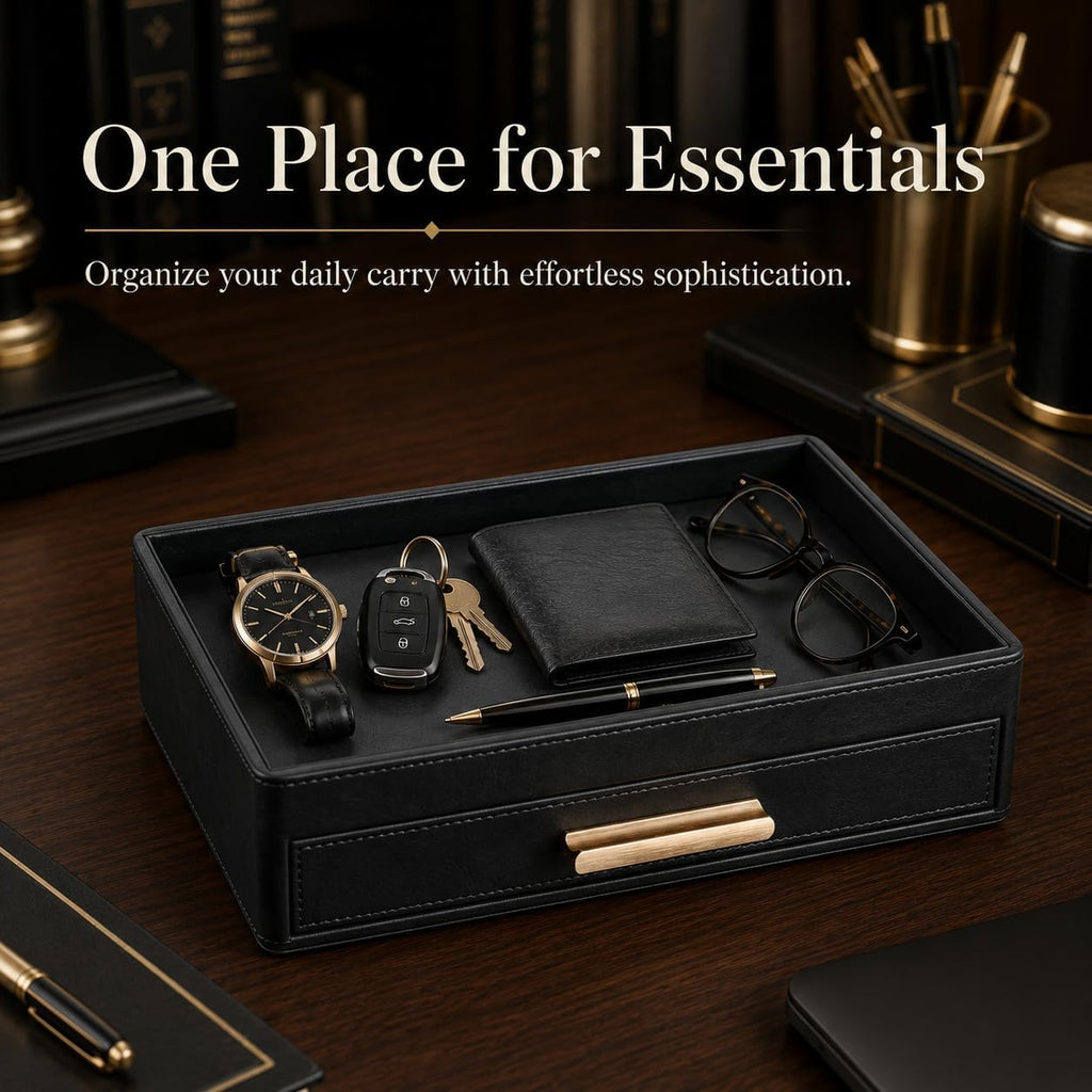 Leather Valet Tray for Men, Nightstand Organizer with Drawer, Black