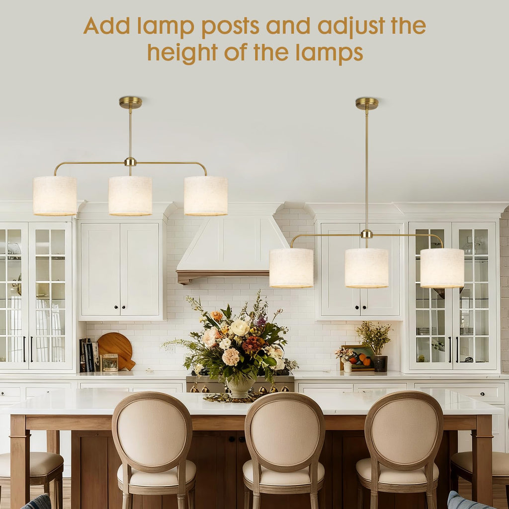 3 Light Gold Linear Chandelier with Linen Beige Drum Shades,Modern Pendant Light Fixture Island,Dining Room,Living