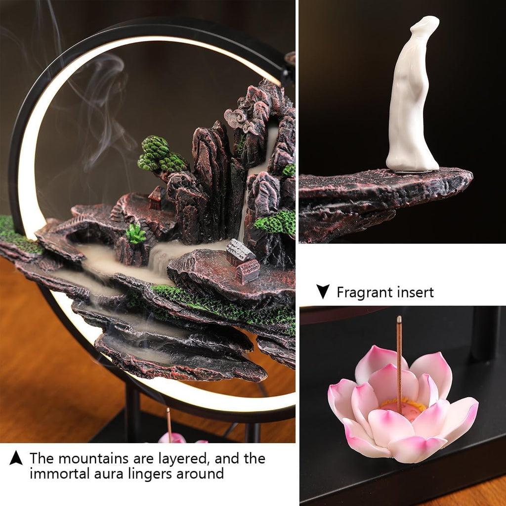 Backflow Incense Waterfall Fountain Burner with Adjustable LED Light Ring,Resin Rockery Landscape Ornament
