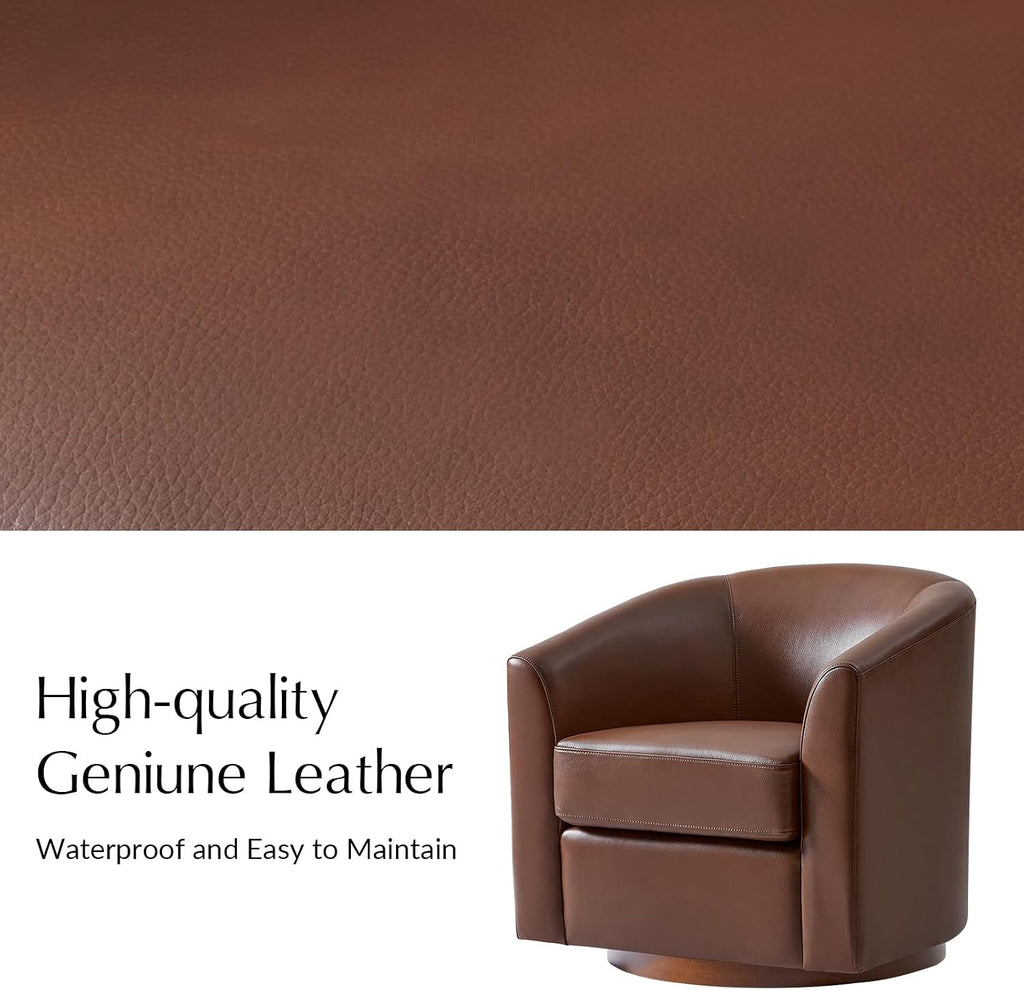 Genuine Leather Swivel Barrel Chair with Solid Wood Base, Brown