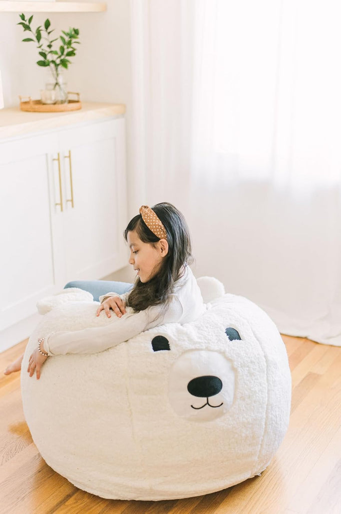 Kids Bean Bag Chair - Soft Sherpa and Memory Foam Stuffed Animal Beanbag Seat for Boys and Girls - Cozy Polar Bear