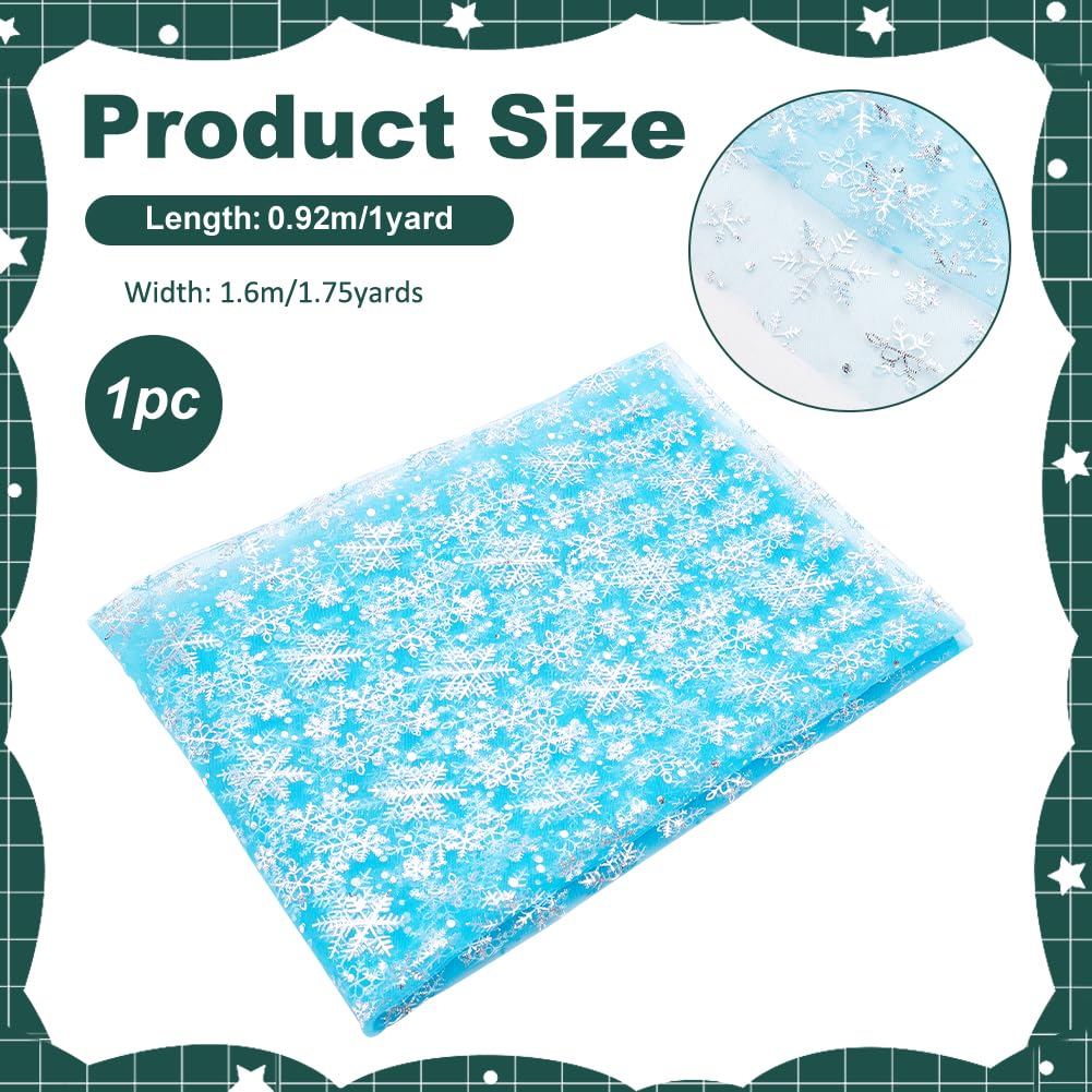 1 Yard Snowflake Tulle Fabric, 63inch Blue Sheer Organza Fabric with Silver Foil Snowflake Print for Garment