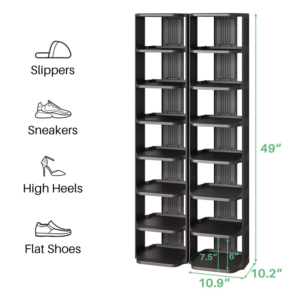 Stackable 16-Tier Shoe Rack for Closet & Entrance - Tall, Narrow, Vertical Shoe Stand - Plastic, Free Standing