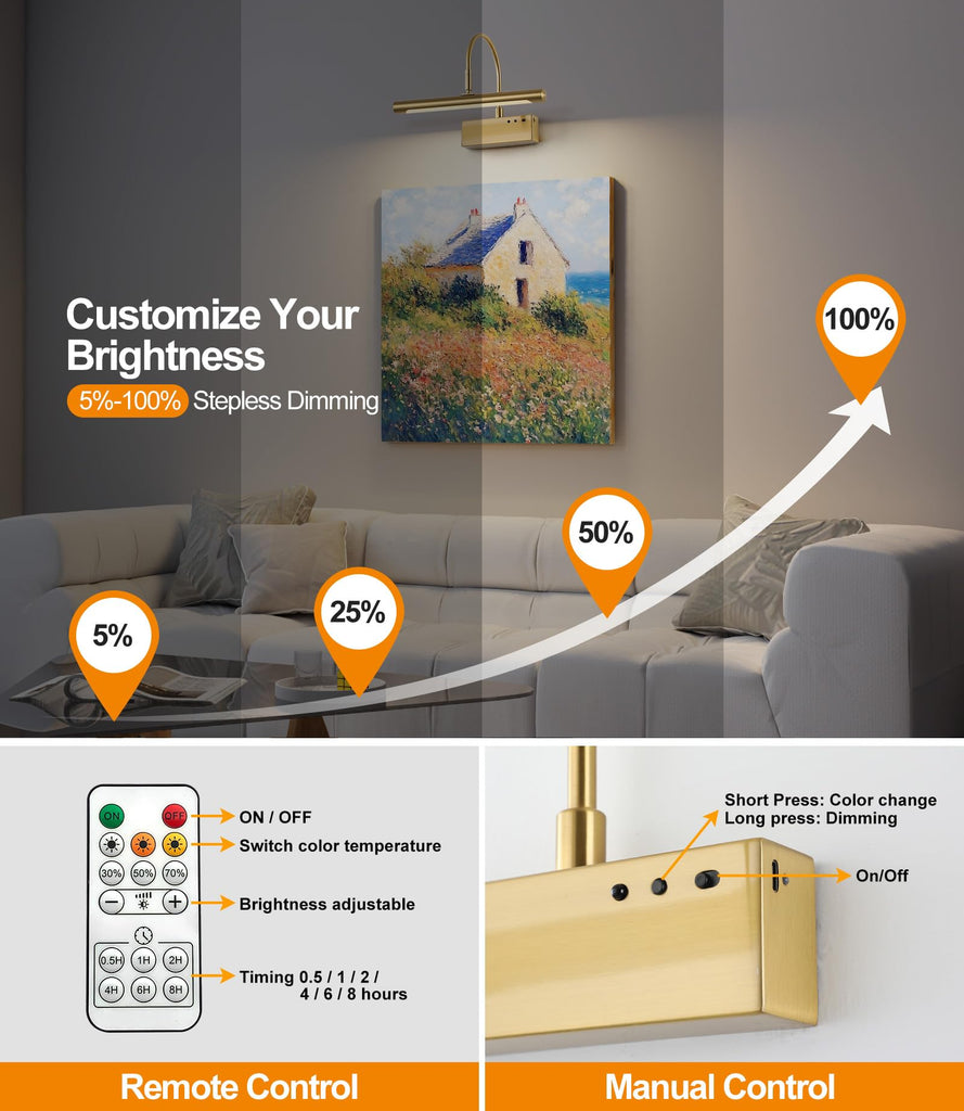 Wireless LED Picture Light, Coredless Art Lighting for Wall, Brass Battery Frame Light with Remote, 3 Color Tone &