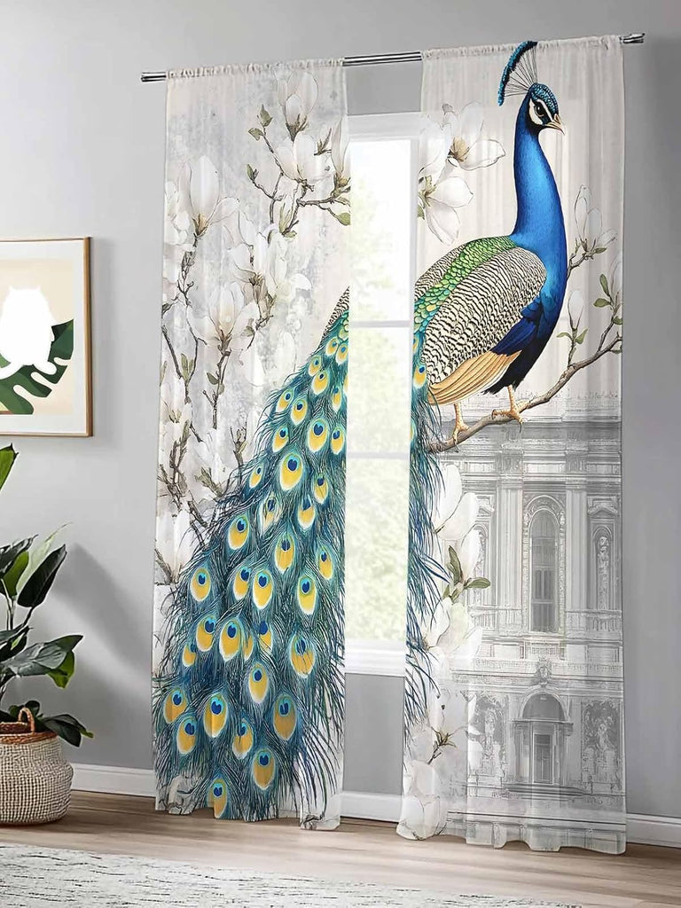 Luxury Peacock Sheer Curtains 96 Inches Long 2 Panels Set, Window Sheer Curtains , Watercolor Vintage Floral Attic