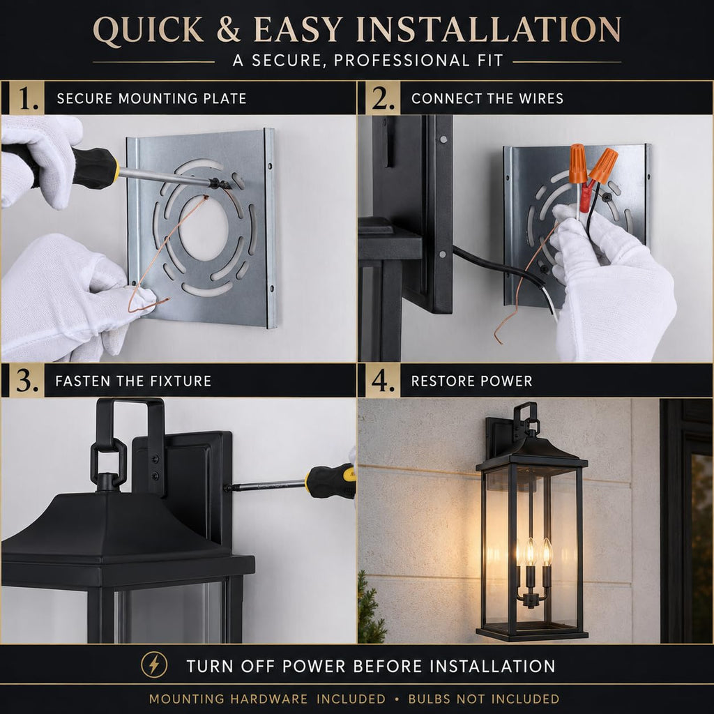 24 Inch 1 Pack Outdoor Wall Sconce, 3-Light Candelabra Exterior Porch Light with Clear Glass, Matte Black Finish