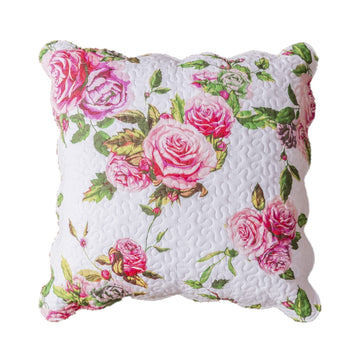 Romantic Roses Euro Pillow Sham - Lovely Vibrant Spring Pink & White Floral Blooming Garden - Quilted Square