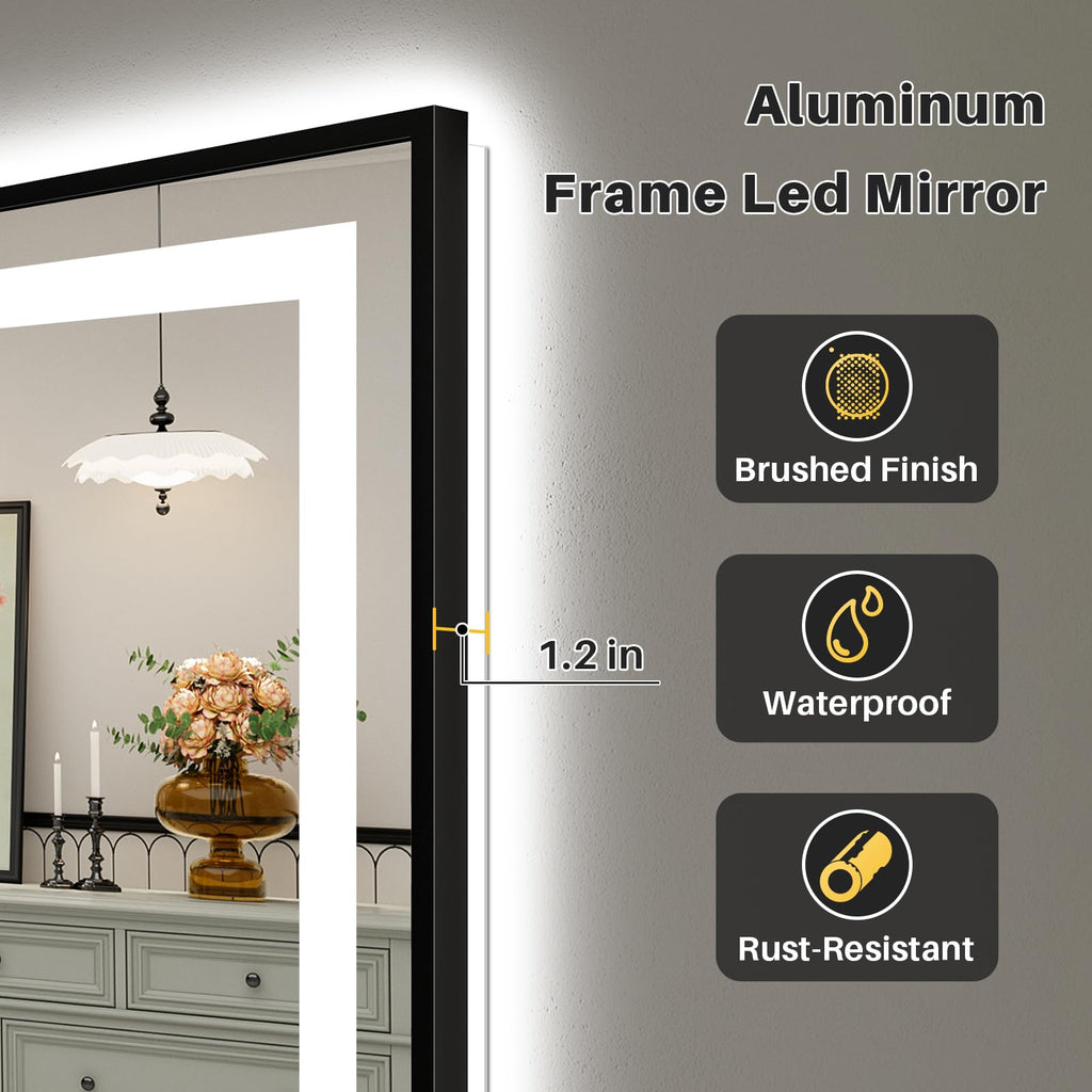 24x32 Inch LED Bathroom Mirror with Black Frame, Backlit & Front Lit