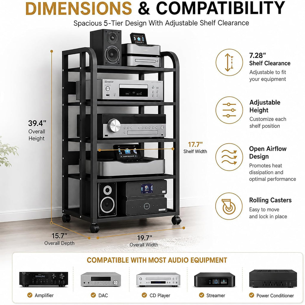 5 Tier Av Media Stand with Wheels, 39in Adjustable Audio Rack