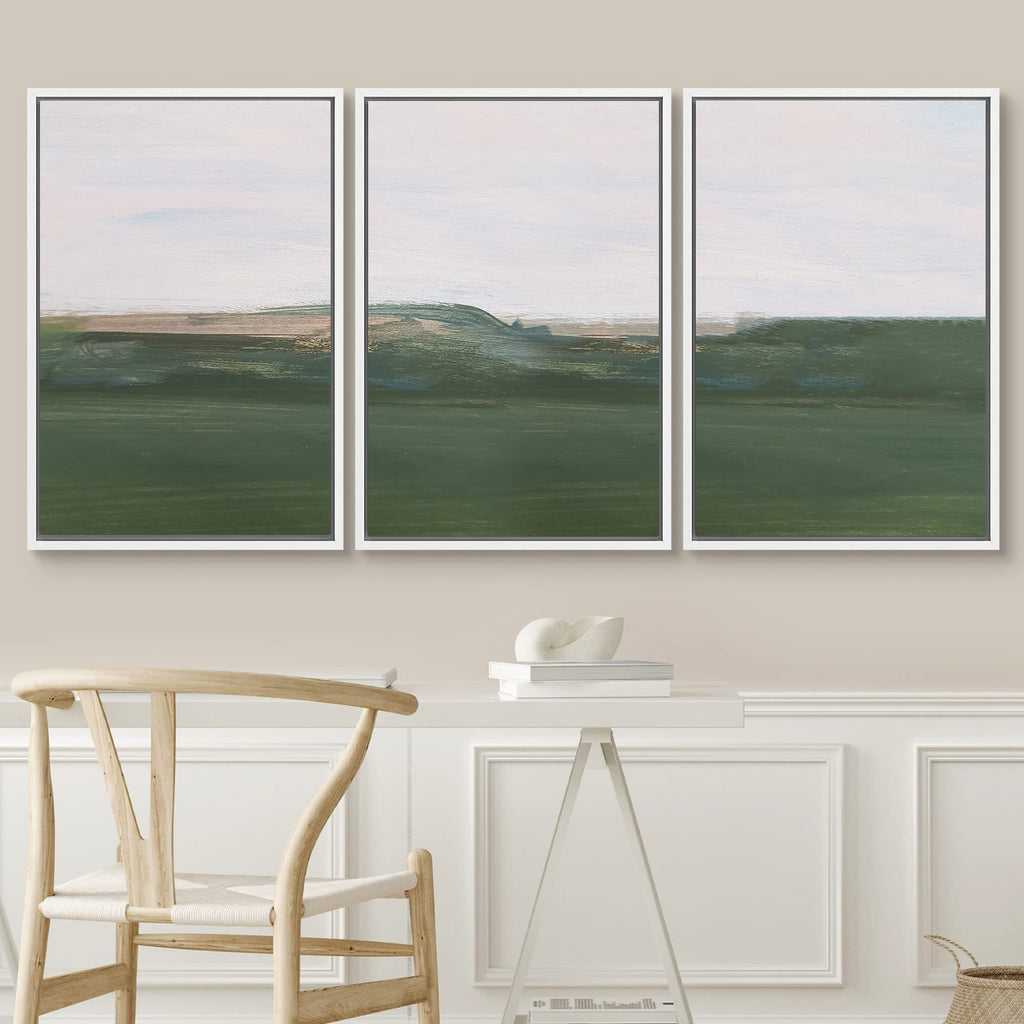 Framed Wall Print Set Abstract Green Hill Landscape with Skyline Shapes Patterns Illustrations Modern Bohemian
