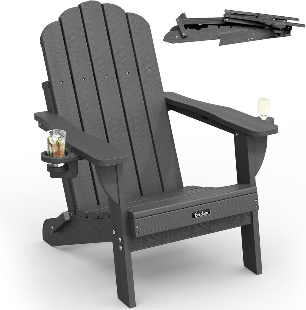 Folding Adirondack Chair, All-Weather HDPE Plastic Patio Chair with 2 Cup Holders, Wooden Textured Lawn Chair