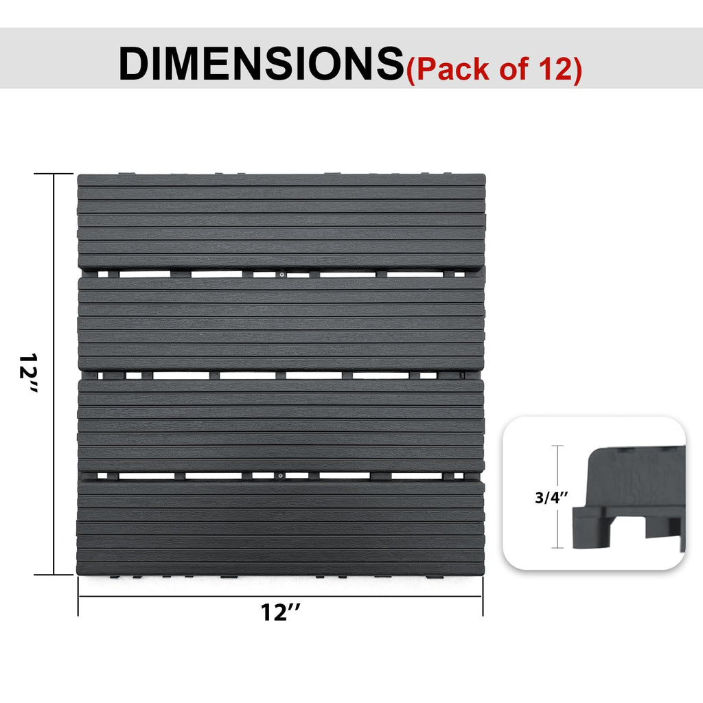 12 PCS Plastic Interlocking Patio Deck Tiles - 12" x 12" Waterproof Indoor Outdoor Flooring, Patio Floor Decking for