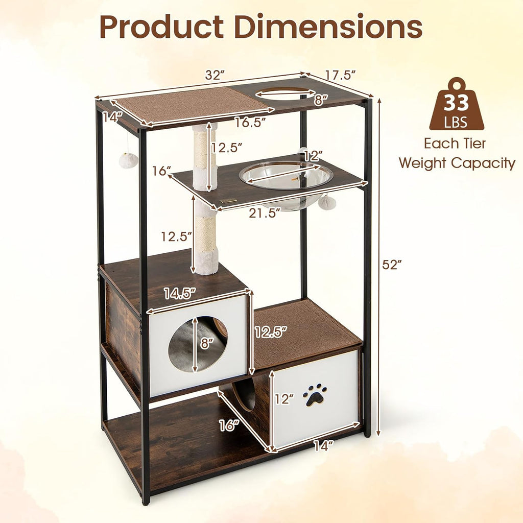 Modern Cat Tree, 52 Inch Multi-Level Cat Tower with Metal Frame, 2 Wooden Condos, Sisal Scratching Posts, Detachable