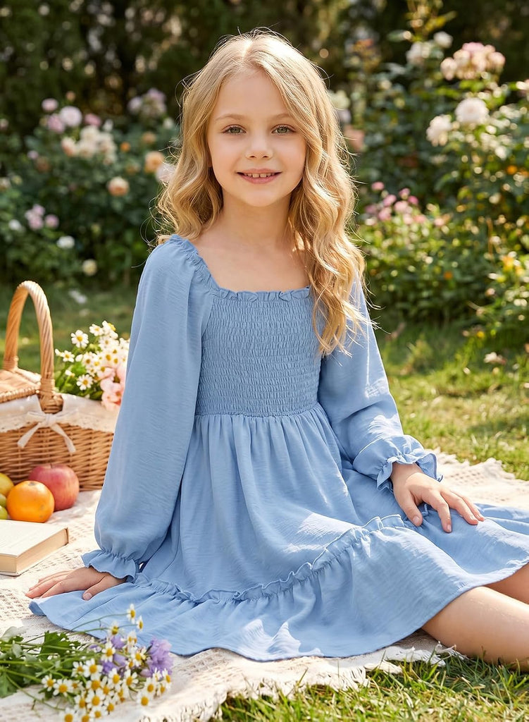 Girls Long Sleeve High-Low Hem Dress Fall Boho Ruffle Casual