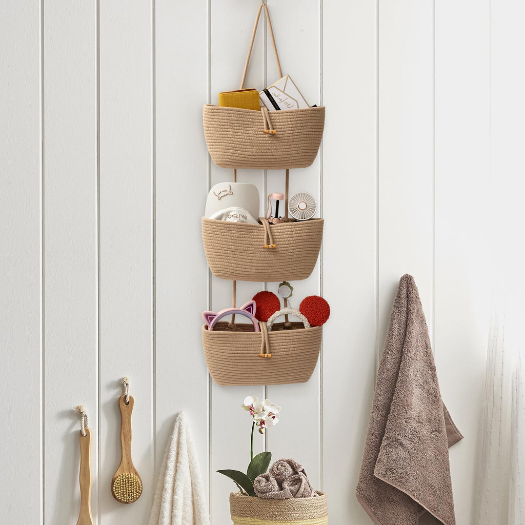 3-Tier Cotton Rope Baskets with Button Strap Over the Door Wall Hanging Baskets, Door Storage Organizer for