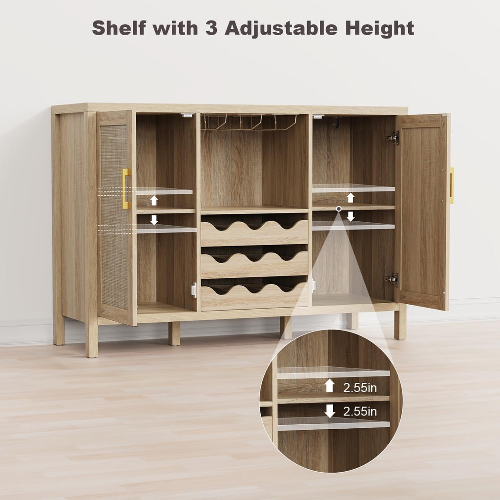 Rattan Wine Bar Cabinet, Boho Rattan Home Bar with Glass Holder and Drawer Style Racks, Oak Sideboard Buffet Storage
