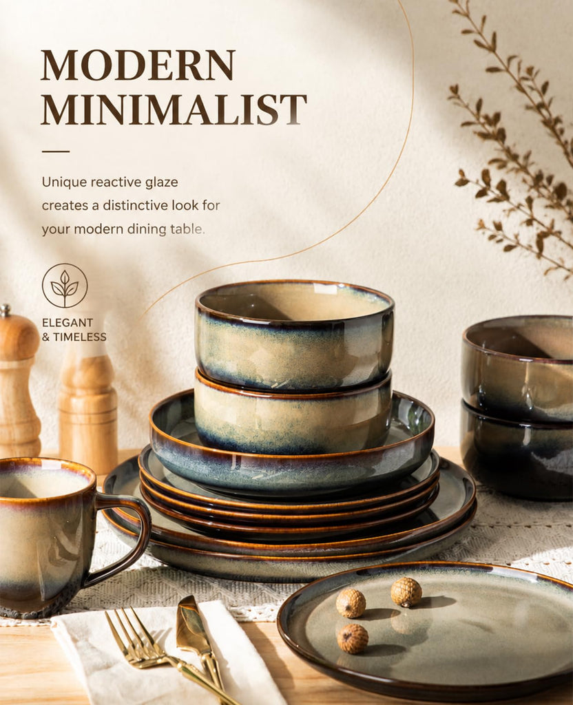Ceramic Dinnerware Set for 4, 16-Piece Plates and Bowls Set