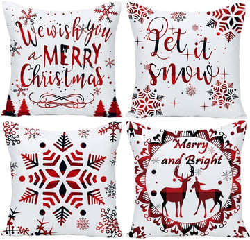 24x24 Pillow Covers Christmas Winter Snowflake Baby It's Cold Outside Bright Red Deer Let It Snow Xmas Soft Velvet - Set of 4