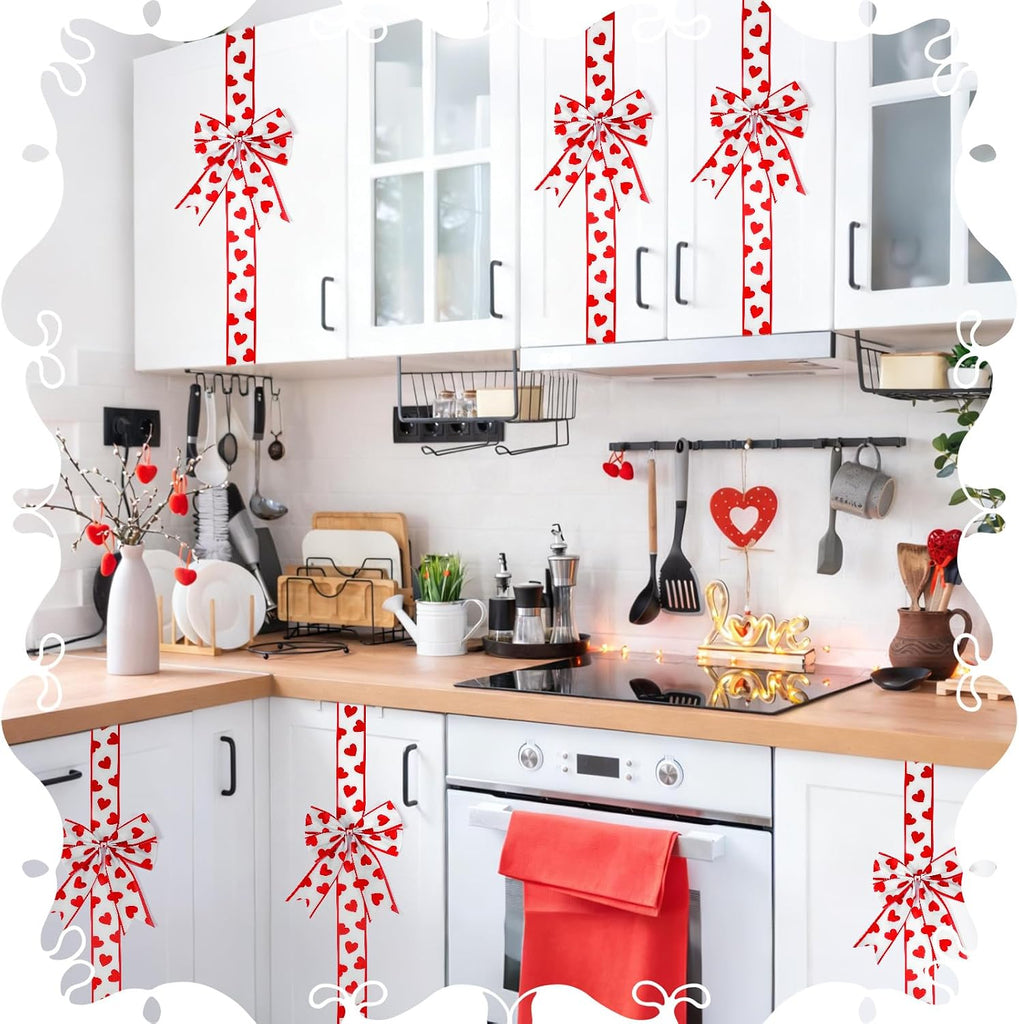 Valentine's Day Cabinet Ribbons Bows 78.8 Inch Large Red and White Heart Door Ribbon Cabinet Bows Gifts Holiday - Set of 8