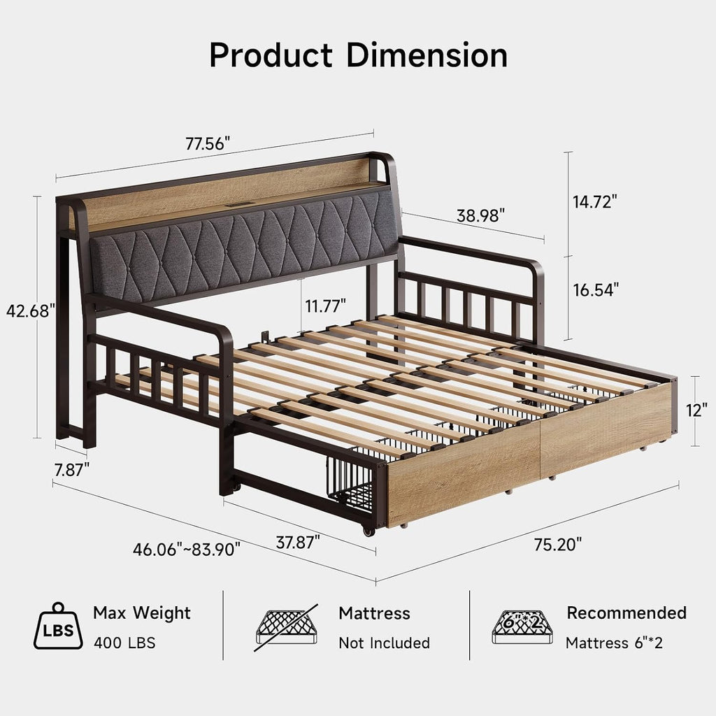 Twin Daybed with Pop up Trundle, Twin to King Daybed, Black | Metal Twin Day Bed Frame with Storage Drawers