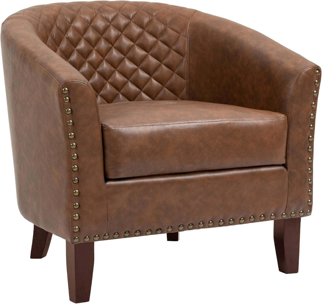 PU Leather Barrel Accent Chairs, Upholstered Armchair, Brown - Set of 2