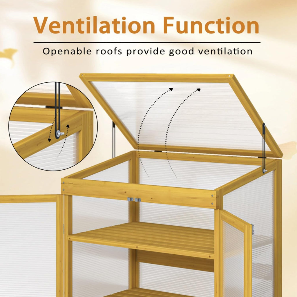 Wooden Cold Frame Greenhouse for Outdoor, Mini Polycarbonate Garden Greenhouse Cabinet with Adjustable Shelves