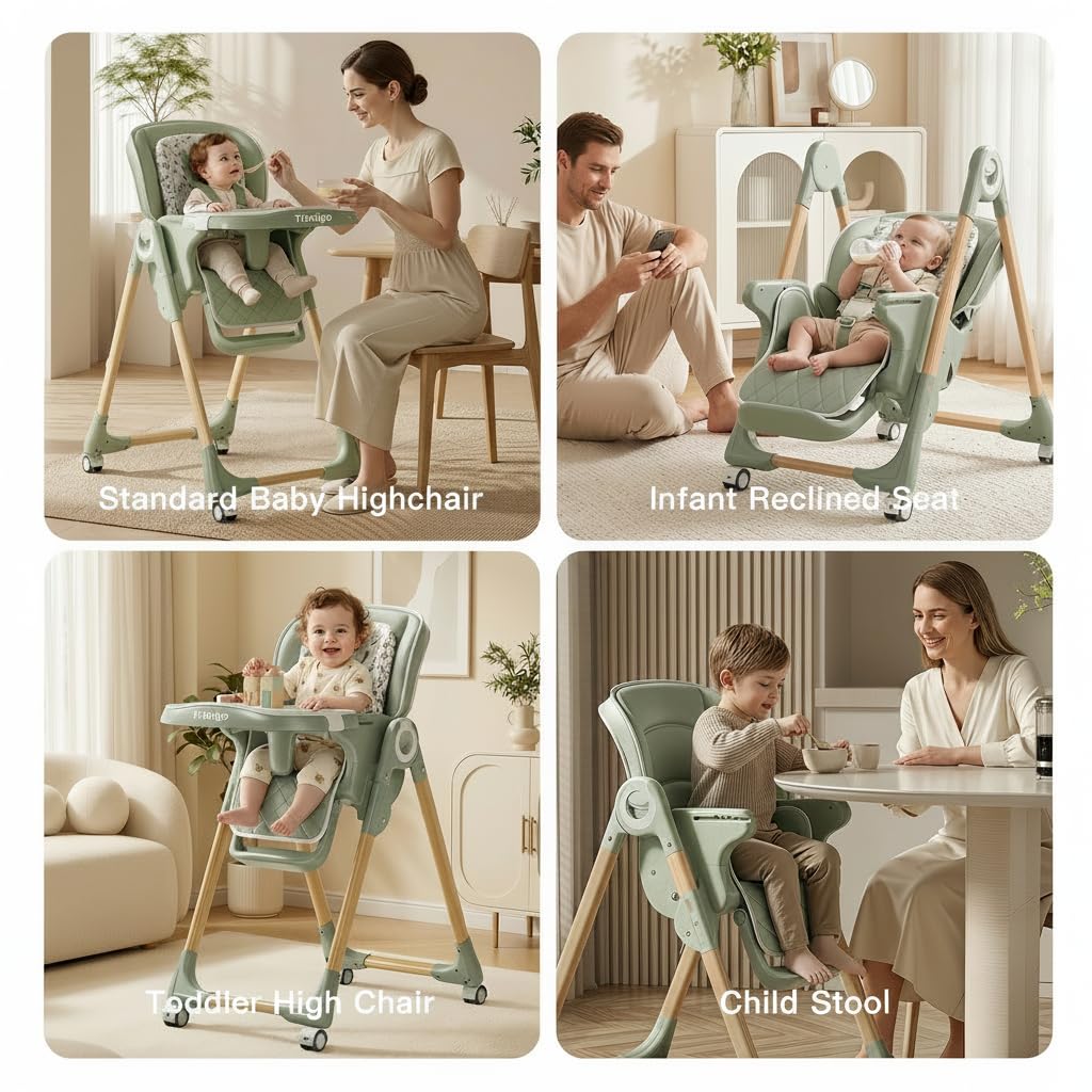 Baby High Chairs for Babies and Toddlers 0-3(Sage Green) | 7-Height Adj High Chair, 3-Pos Tray, 4-Recline, Removable