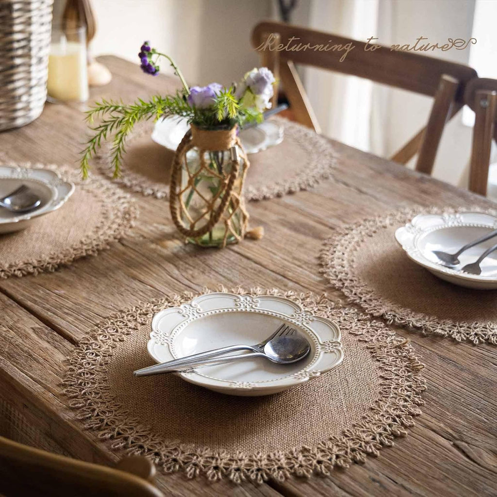 Burlap Round Braided Placemats for Dining Tables 15 Inch Heat Resistant Jute Table Mats Farmhouse Woven - Set of 12