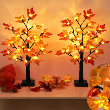 Fall Decor 2 Pack 24 Inch Maple Tree Lights - 48 LED Autumn Decorations with Pumpkins & Acorns, Timer, USB & Battery