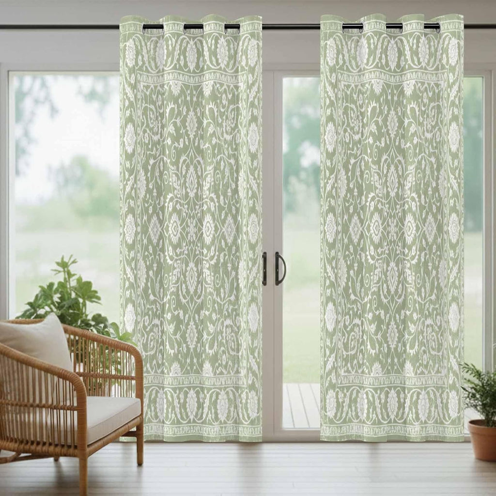 Outdoor Curtains 108 Inch Length, Sage Green Paisley Boho Waterproof Porch Curtain, 54" x 108" Abstract Art Floral