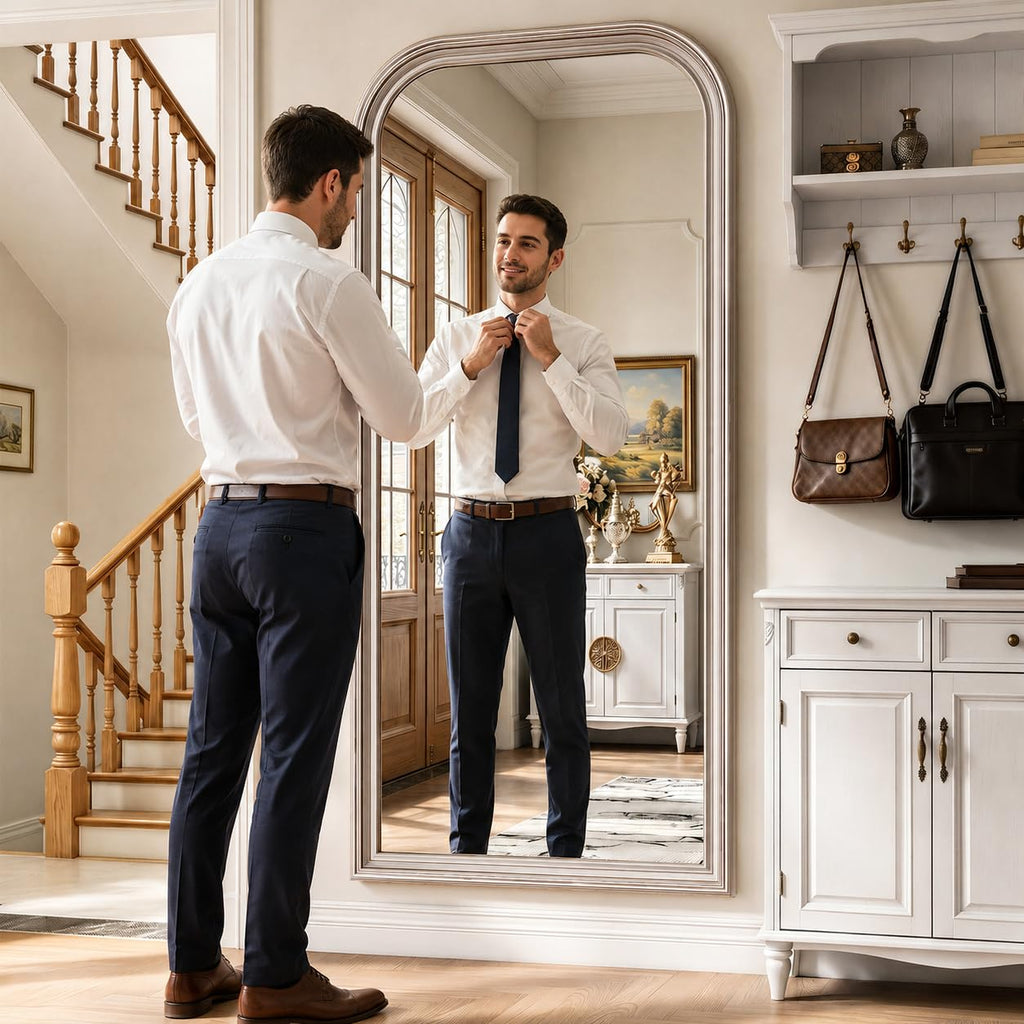 71"x32" Full Length Mirror with Stand, Arched PU Frame