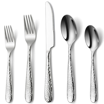 Hammered Silverware Set, 20-Piece Heavy Duty Cutlery Set for 4, Stainless Steel Flatware Set, Food-Grade Utensil Sets