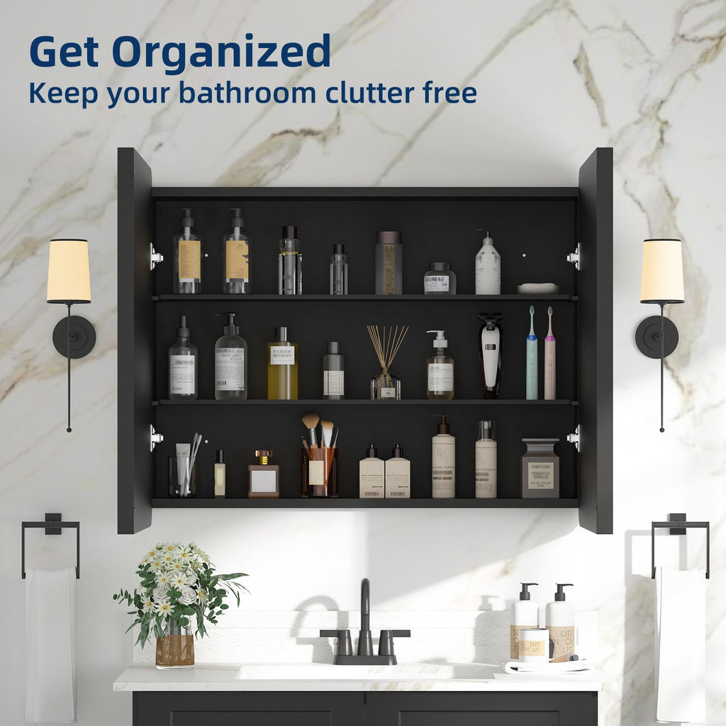 Bathroom Medicine Cabinet with Mirror 24 x 30 Inch, Black Medicine Cabinet Recessed or Surface Wall-Mounted, Mirrored