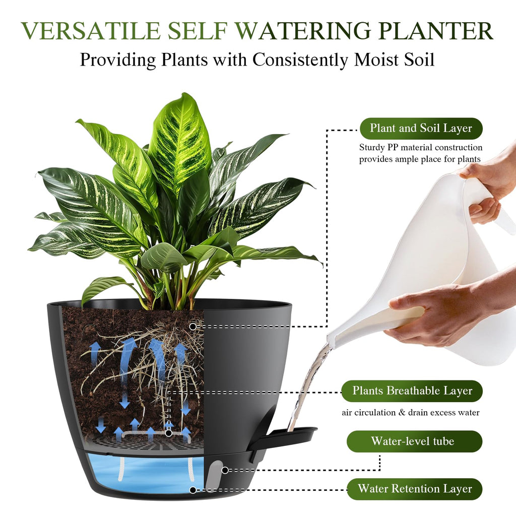 Self Watering Pots with Drainage Holes, 3 Pack 12/10/8 Inch Plant Pots with Water Level Indicator Deep Reservoir