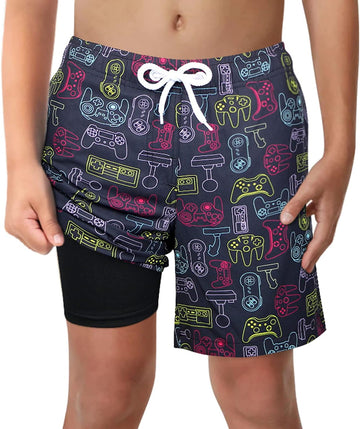 Boys Swim Trunks with Compression Liner Comfortable Anti-Chafe Swimming Shorts Stretchy UPF Quick Dry