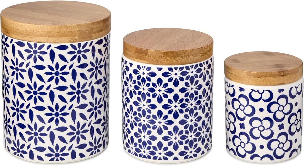 Madison Canister Set - Premium Porcelain with Bamboo Lids, Blue and White Patterns - Large 96 oz, Medium 80 oz - Set of 3