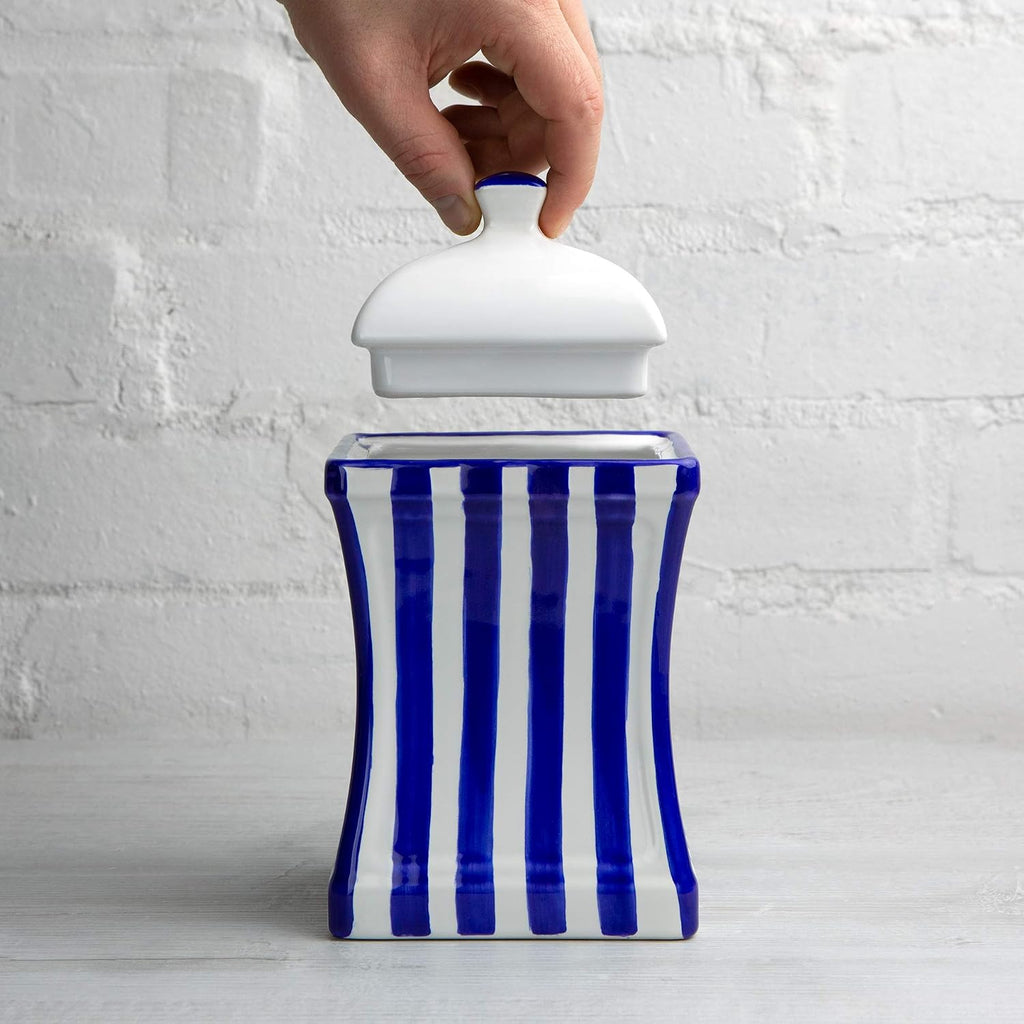Handmade Dark Navy Blue Stripe Large Ceramic 31.5oz/900ml Kitchen Storage Jar with Lid | Pottery Canister, Cookie
