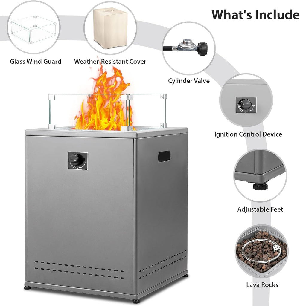 20" Square Smokeless Propane Fire Pit Table, 50,000 BTU Portable Outdoor Patio Heater with Lava Rocks