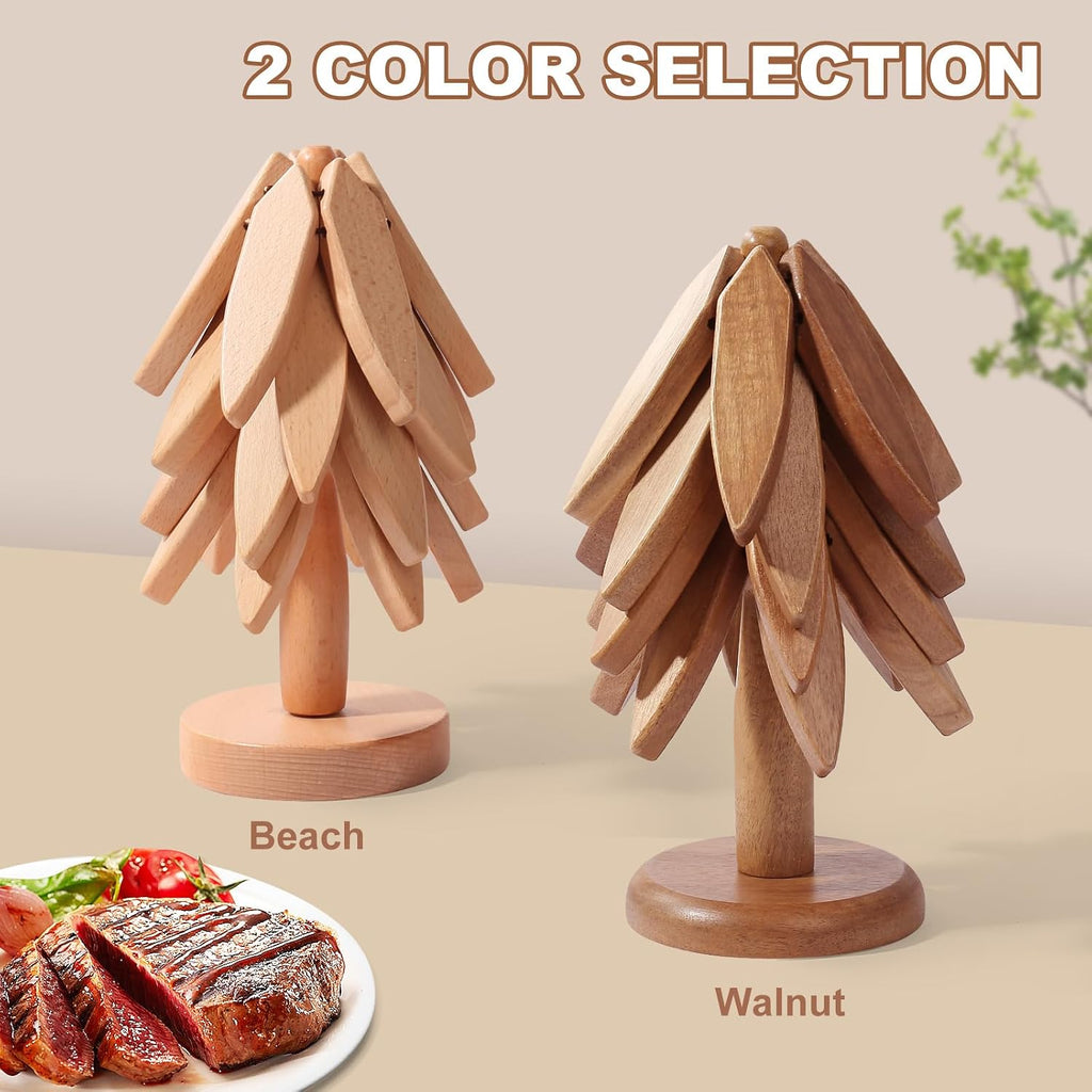 OKOM Wooden Trivets for Hot Dishes - 4+ Tree Shape Set, Foldable Hot Pot Holders Decor and Use (Beech) - Set of 5