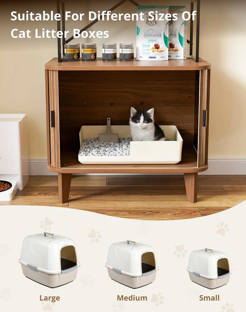 66" Cat Litter Box Enclosure, Hidden Litter Box Furniture with Shelves, Wooden Cat Washroom and Pet House with Sliding