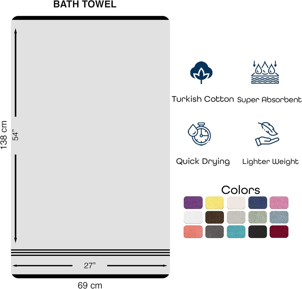 White Bath Towels 4 Pack 27 x 54 Inches 100% Turkish Cotton Soft Lightweight and Highly Absorbent Quick Drying