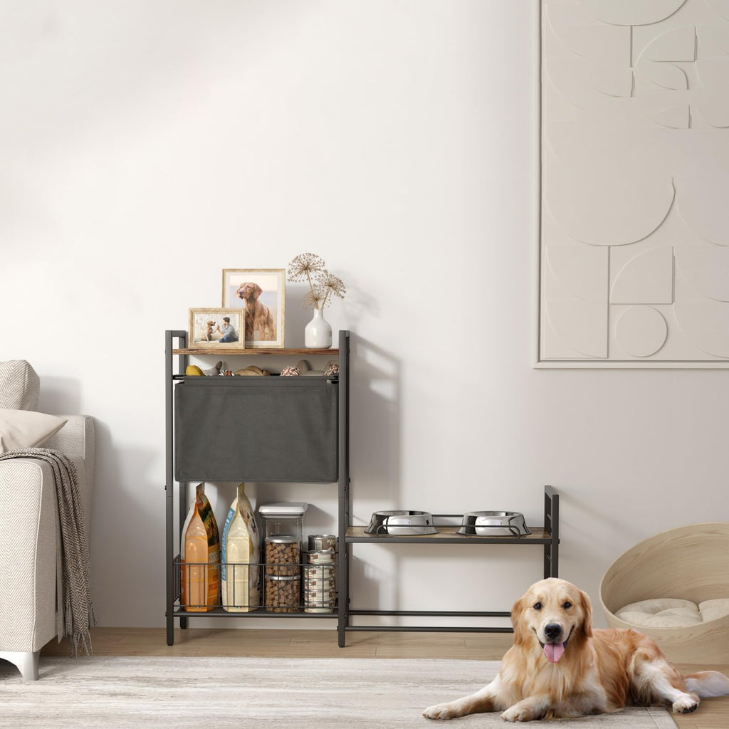 Elevated Dog Bowl Stand with Toy Bin Basket, 4 Height Adjustable Raised Feeding Station Cabinet, Lifted Food