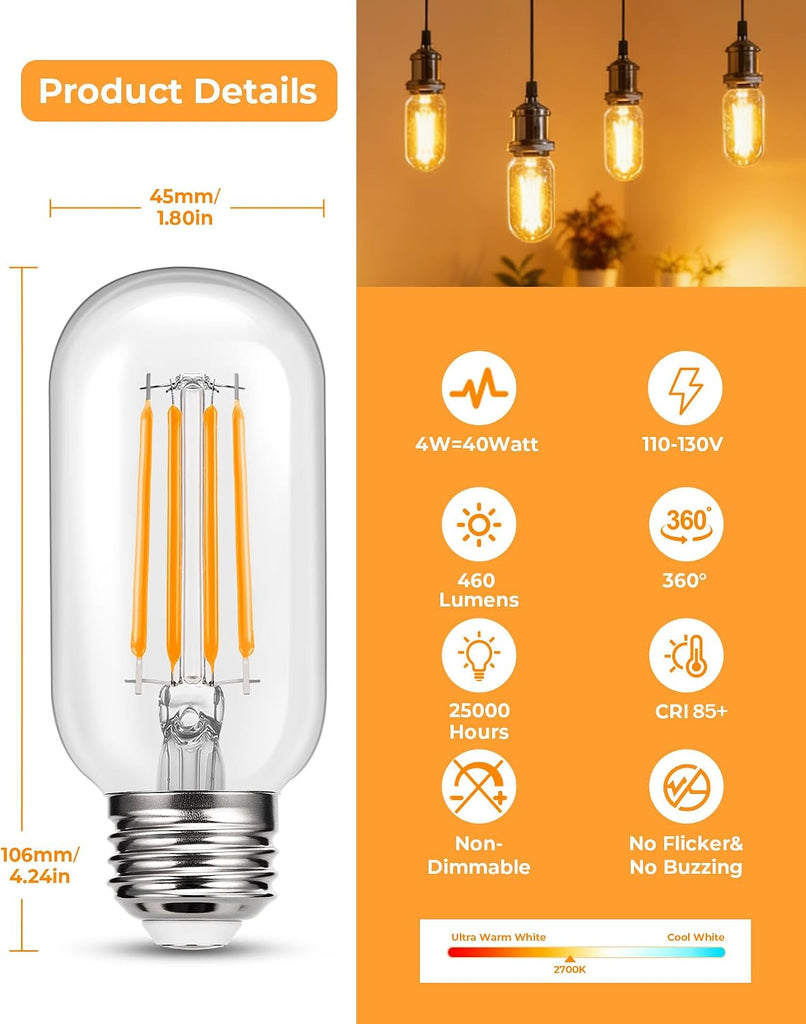 T45 4W LED Edison Bulbs E26 Base 40W Equivalent with Clear Glass